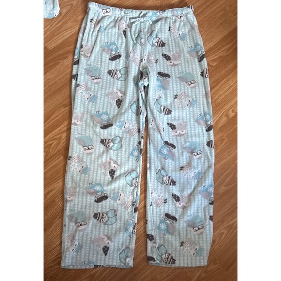 La Vie En Rose Pajama Set XL Womens Winter Fleece Blue Grn Owl Print Lounge Pock - Picture 3 of 8